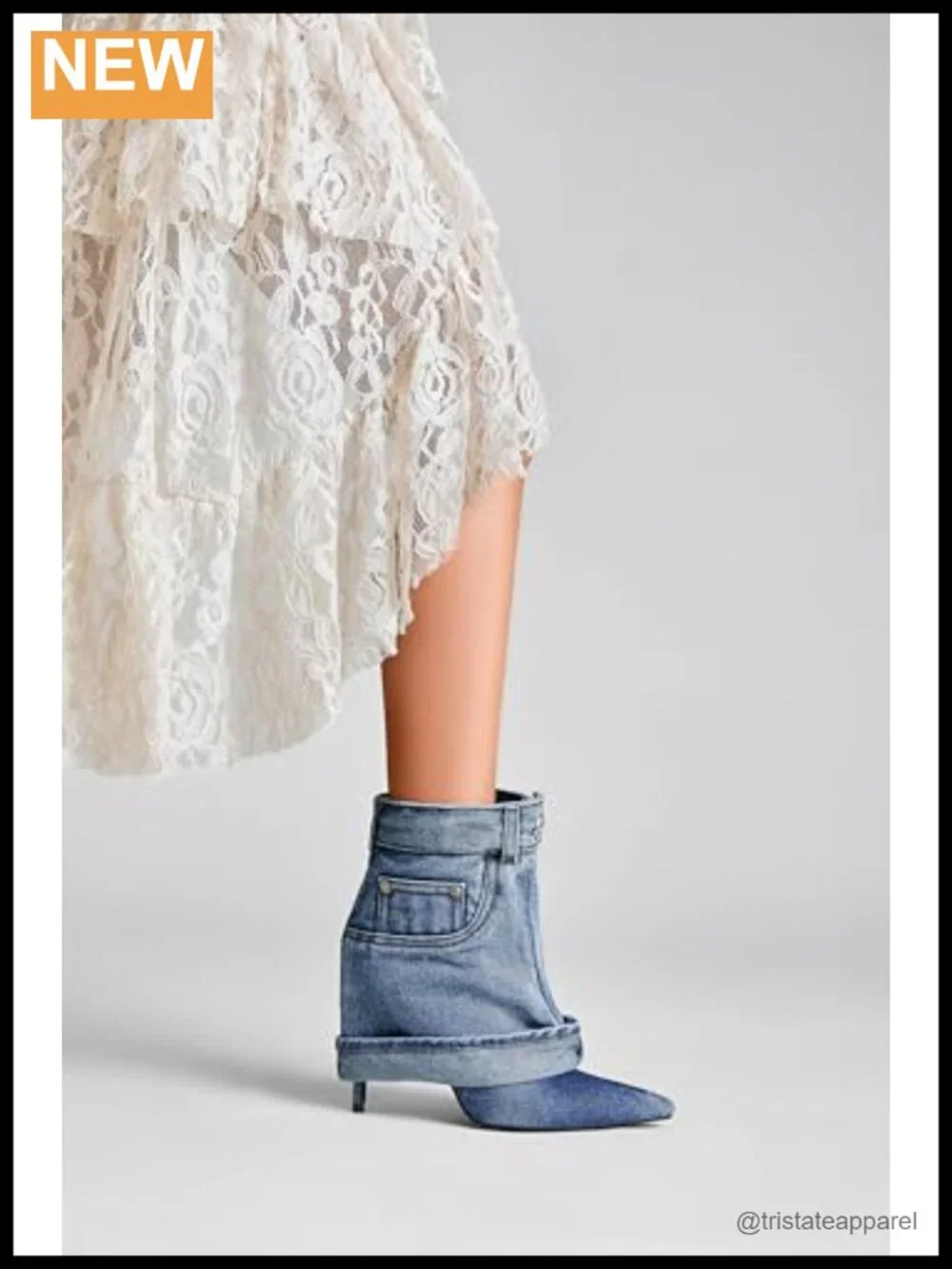 Pointed Toe Stiletto High Heel Ankle Denim Booties Fold Over Jean Boots Women